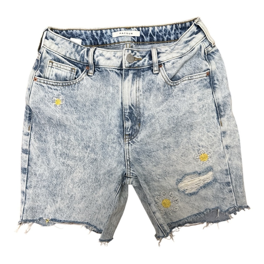 PacSun Blue and Yellow Distressed Jean Shorts
